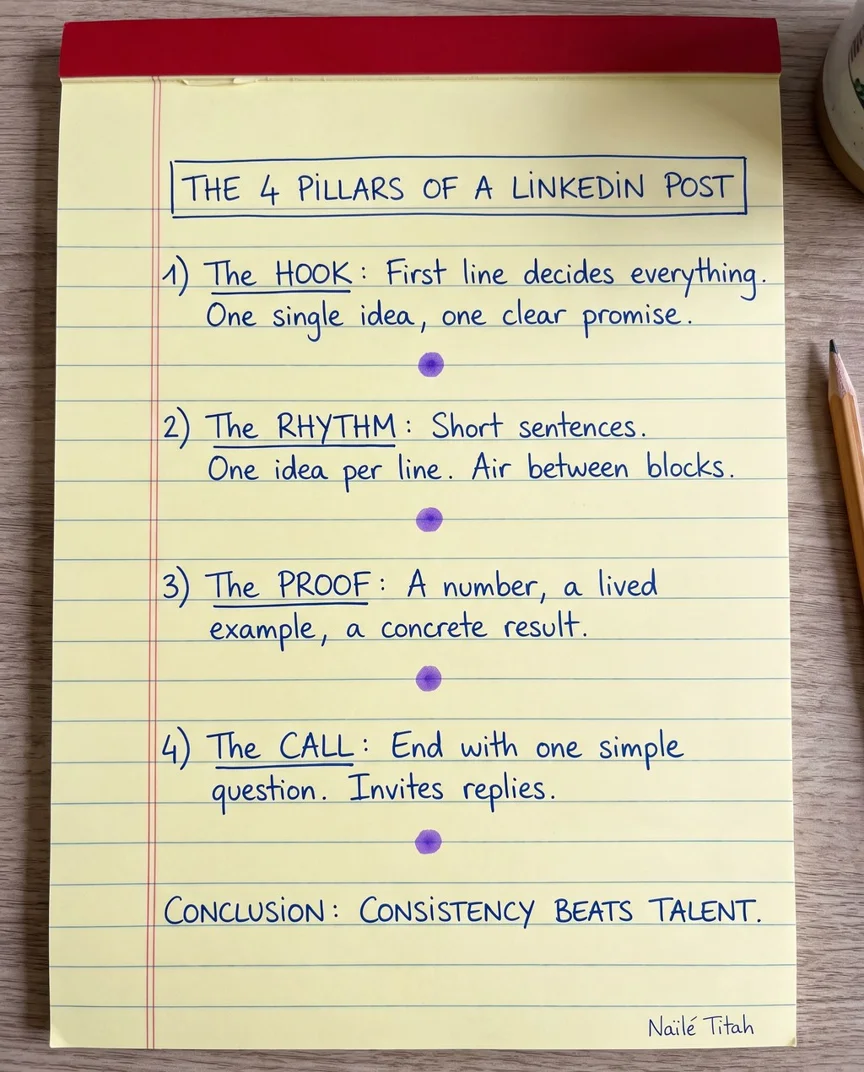 Les quatre piliers d’un post LinkedIn, écrits à l’encre bleue sur un bloc-notes jaune