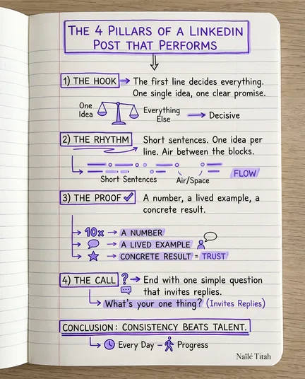 Les quatre piliers d’un post LinkedIn, écrits à la main au stylo violet sur une page de cahier ligné