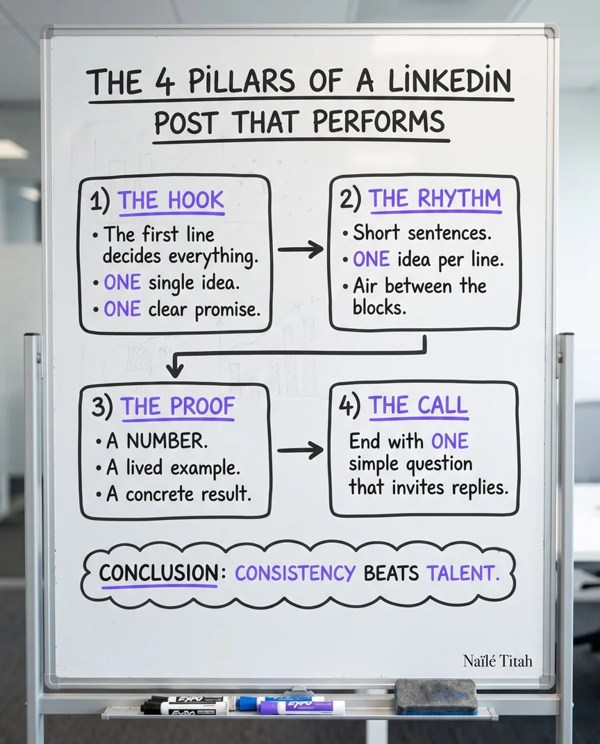 Photo du tableau blanc d’une salle de réunion, où les quatre piliers d’un post LinkedIn sont écrits au feutre