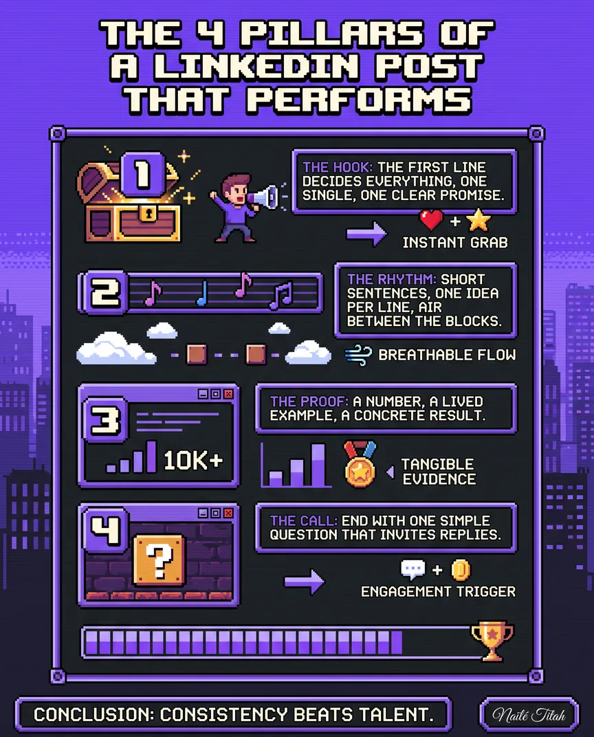 Les quatre piliers d’un post LinkedIn, dessinés comme l’écran d’un vieux jeu vidéo en pixels